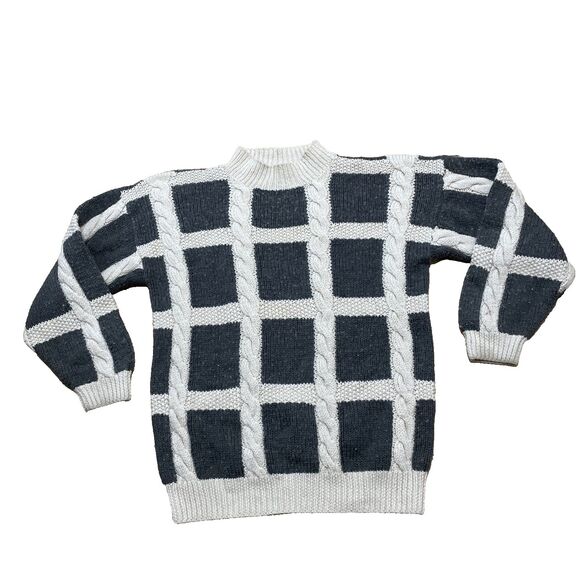 Vtg Jones New York Sport Wool Sweater Men M Cream Gray CableKnit Grid Chunky 42" - Picture 1 of 16